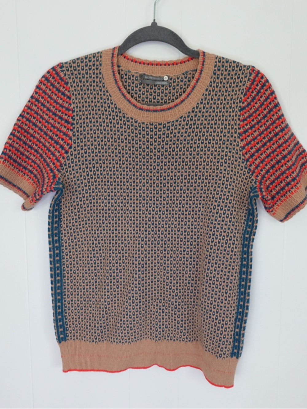 Anthropologie Beige Knit Top with Teal Pattern & Coral Trim